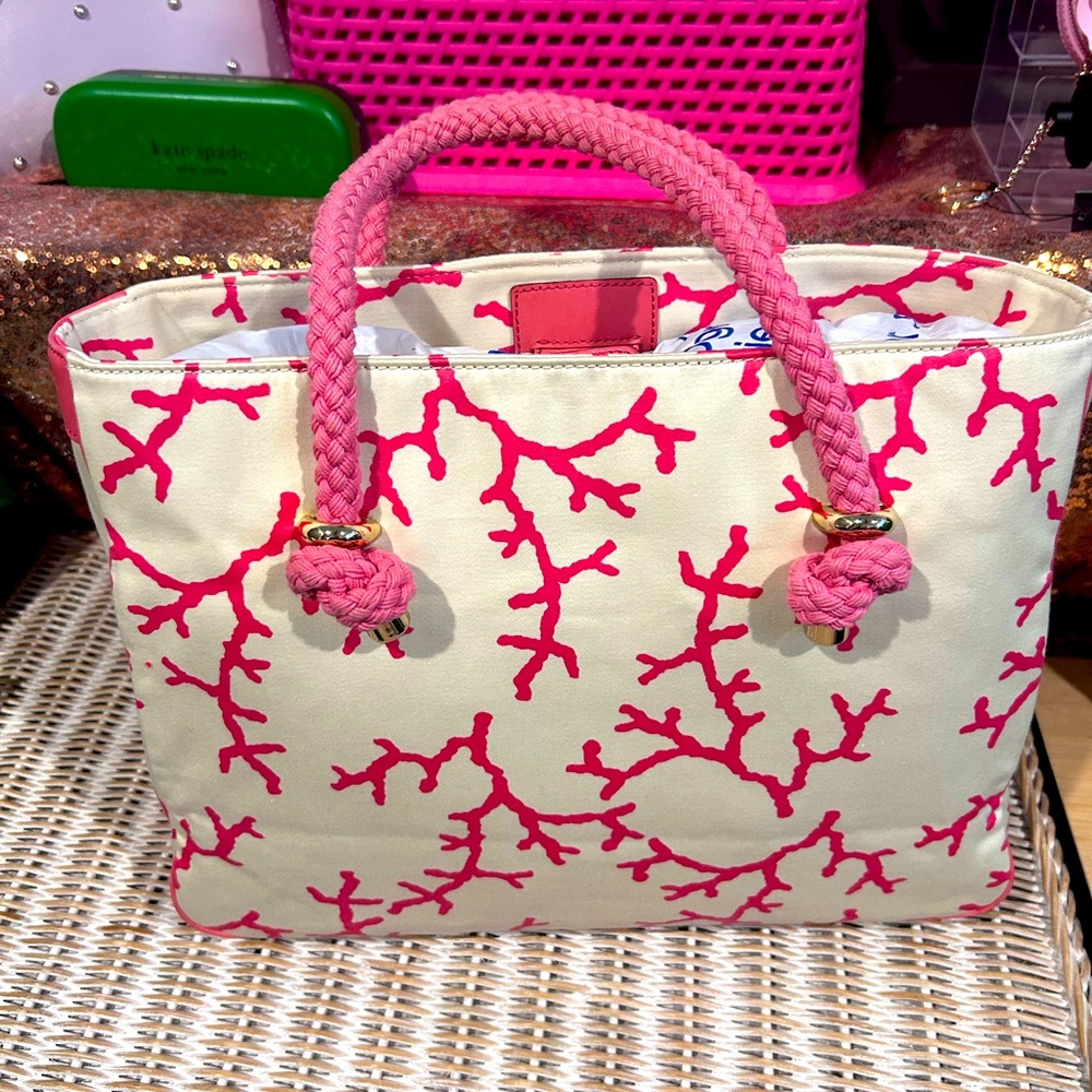17. Kate Spade canvas tote bag with a pink coral print pink braided rope - Picture 2 of 7